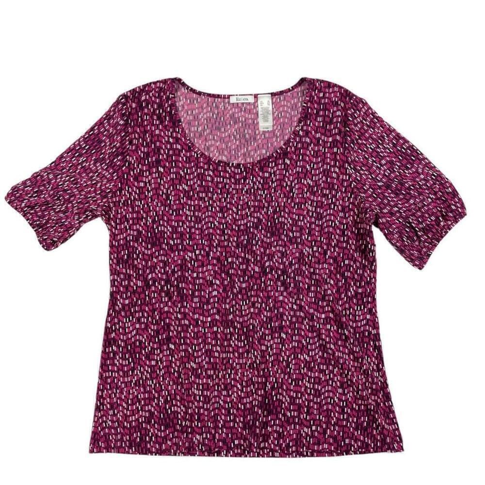 Liz & Co Blouse Top Womens Sz XL Purple Geometric Polyester Round Neck Pullover